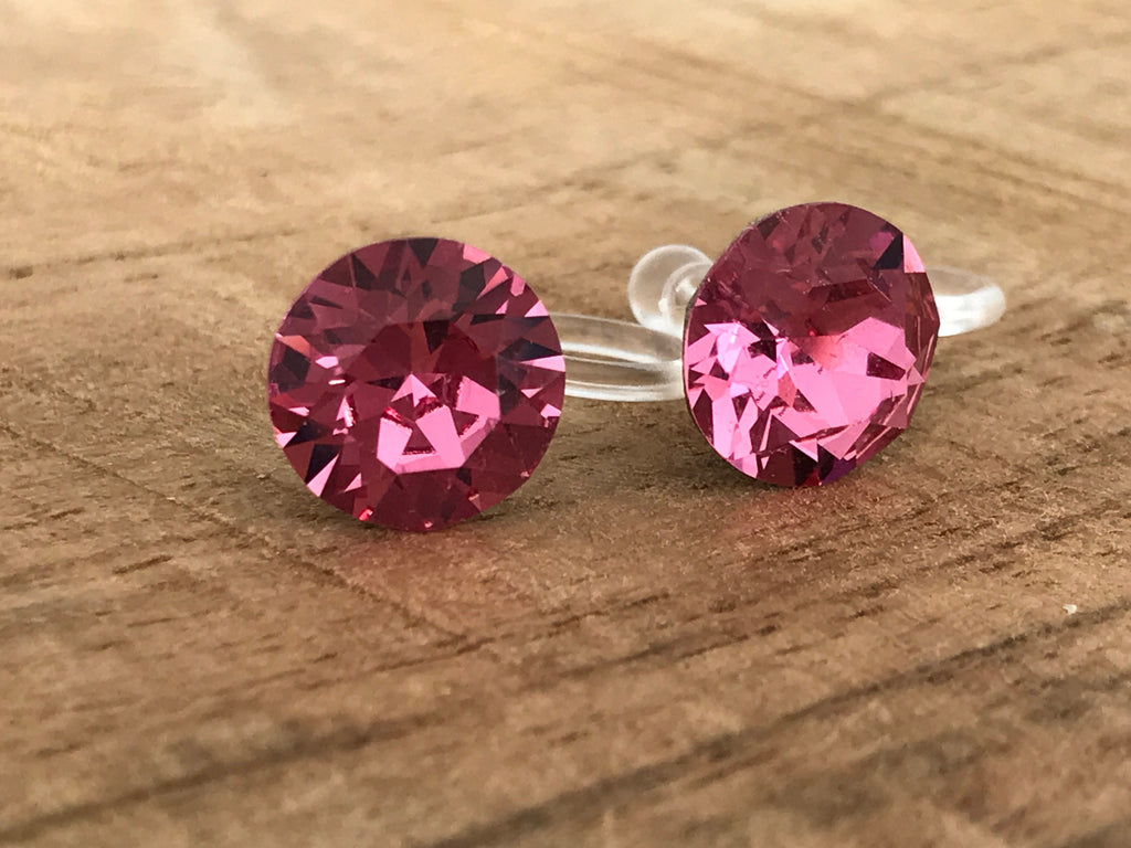 Boucles d'oreilles CLIPS invisible Cristal Rond ROSE Cristaux PureCristal, Clips d'Oreille Petit Rond cristal Rose, Bijoux Minimaliste.