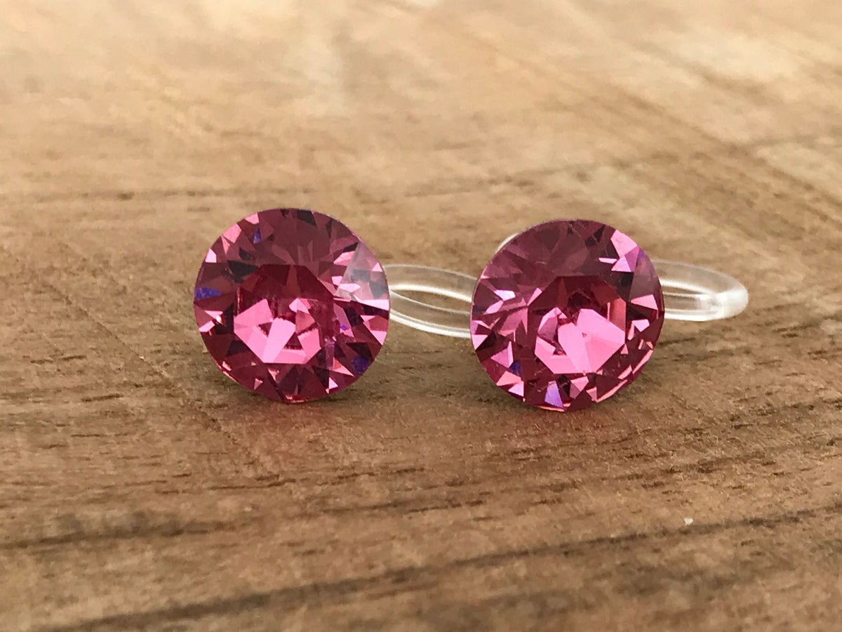 Boucles d'oreilles CLIPS invisible Cristal Rond ROSE Cristaux PureCristal, Clips d'Oreille Petit Rond cristal Rose, Bijoux Minimaliste.