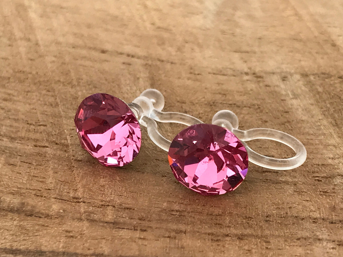 Boucles d'oreilles CLIPS invisible Cristal Rond ROSE Cristaux PureCristal, Clips d'Oreille Petit Rond cristal Rose, Bijoux Minimaliste.