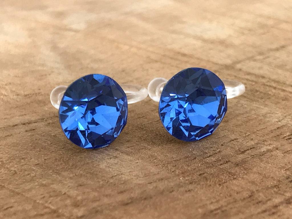 Boucles d'oreilles CLIPS invisible Cristal Rond SAPPHIR Cristaux PureCristal, Clips d'Oreille Petit Rond cristal Bleu, Bijoux Minimaliste.