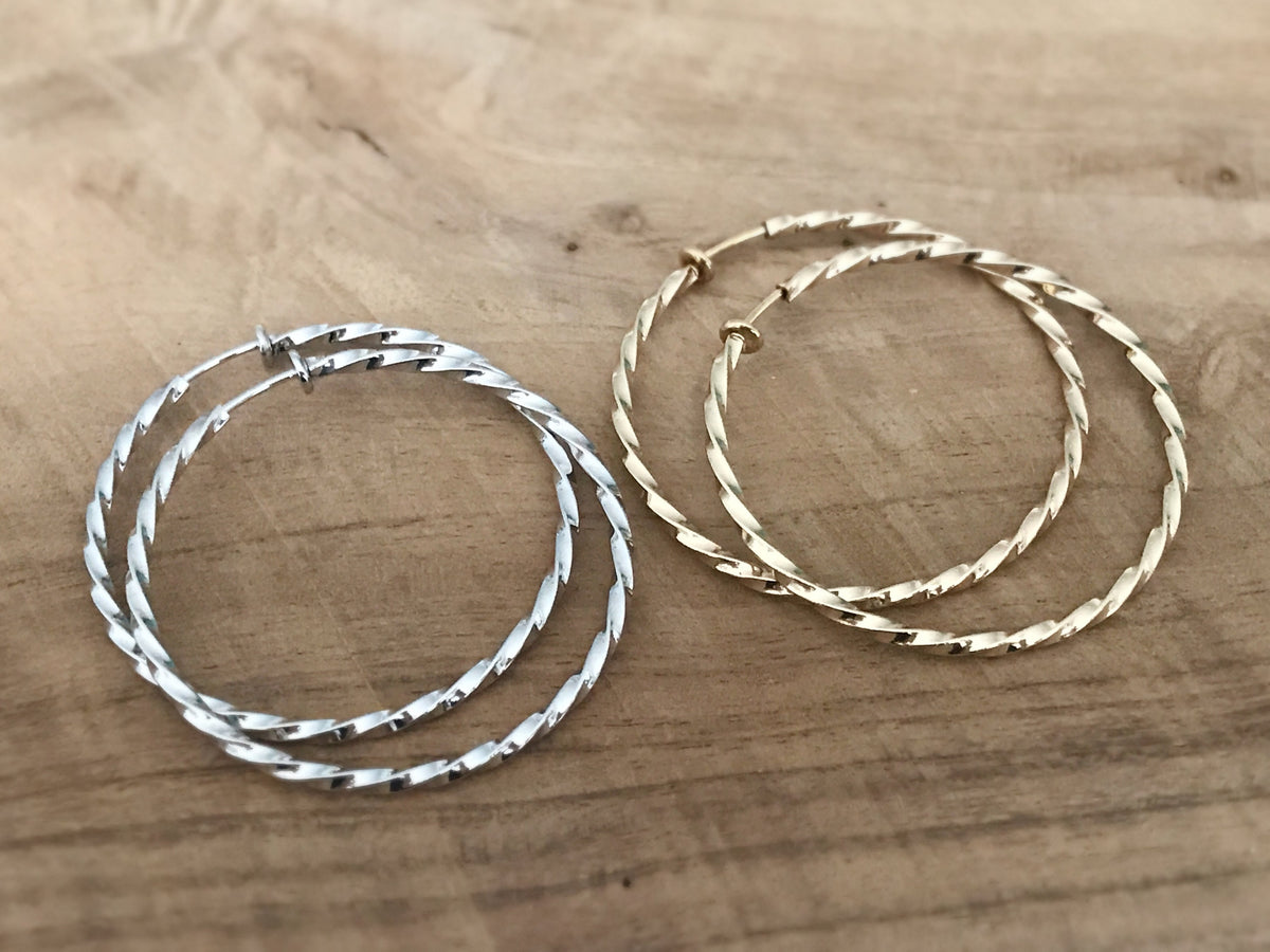 50mm Créoles Torsadés Anneaux Vrillés, fil carré, Boucles d'oreille CLIPS Anneaux Créoles couleur Argenté ou doré, Créoles torsadé 5cm
