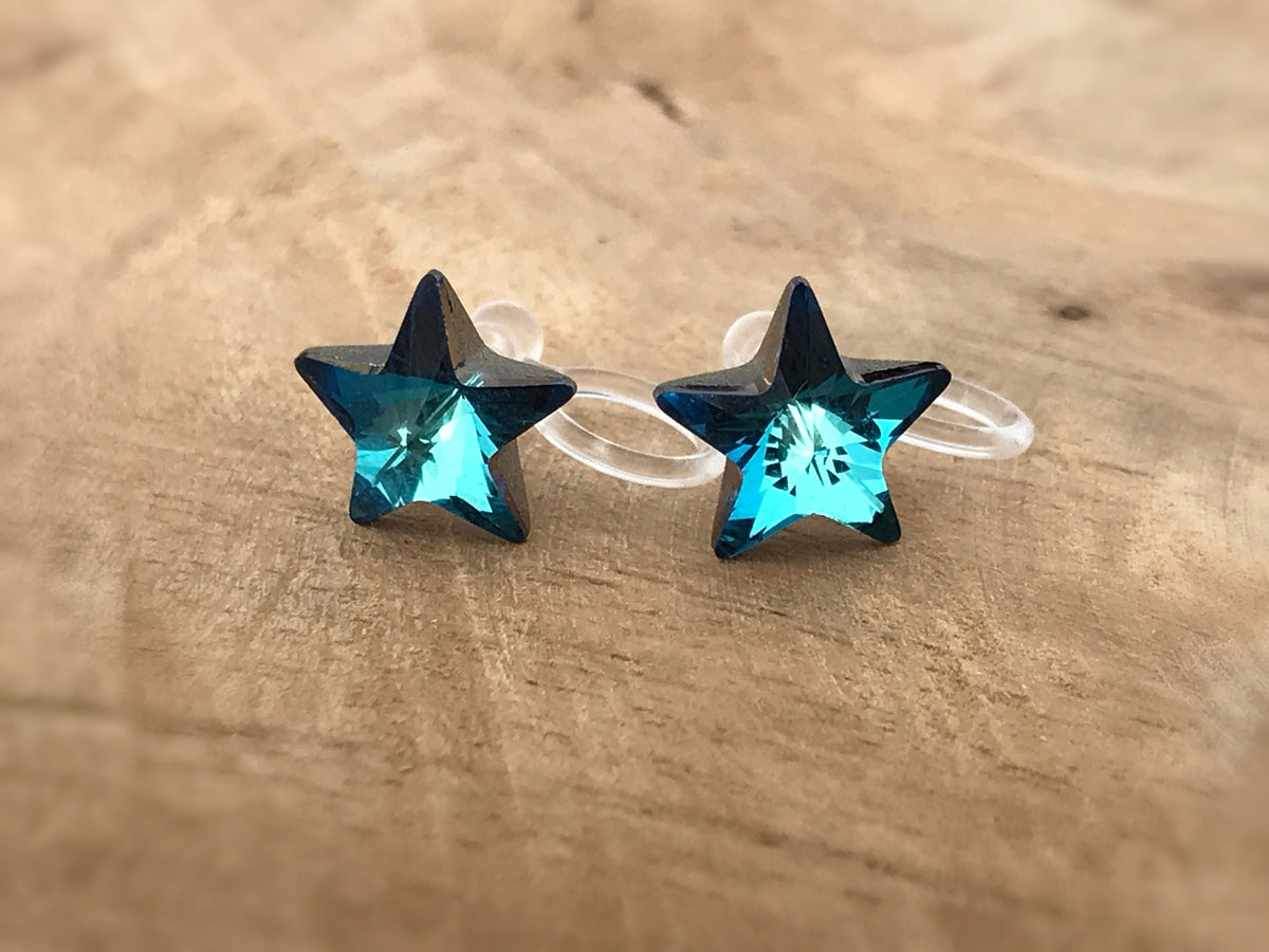 Swarovski Blue Star Crystal Invisible Clip on Earrings Modern Blue Rhinestone Clip on Stud Earrings Simple Non Pierced Earrings