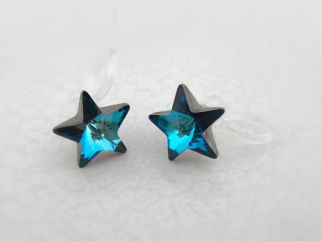 Swarovski Blue Star Crystal Invisible Clip on Earrings Modern Blue Rhinestone Clip on Stud Earrings Simple Non Pierced Earrings