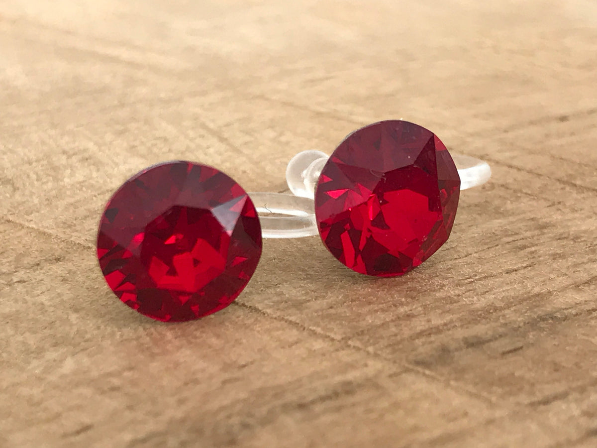 Invisible Round Crystal CLIPS Earrings SIAM PureCristal Crystals, Small Round Red Crystal Ear Clips, Minimalist Jewelry.