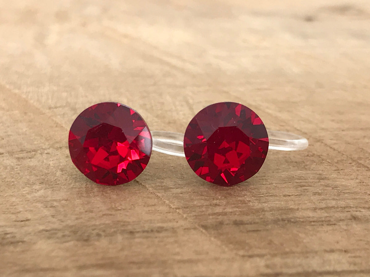 Invisible Round Crystal CLIPS Earrings SIAM PureCristal Crystals, Small Round Red Crystal Ear Clips, Minimalist Jewelry.