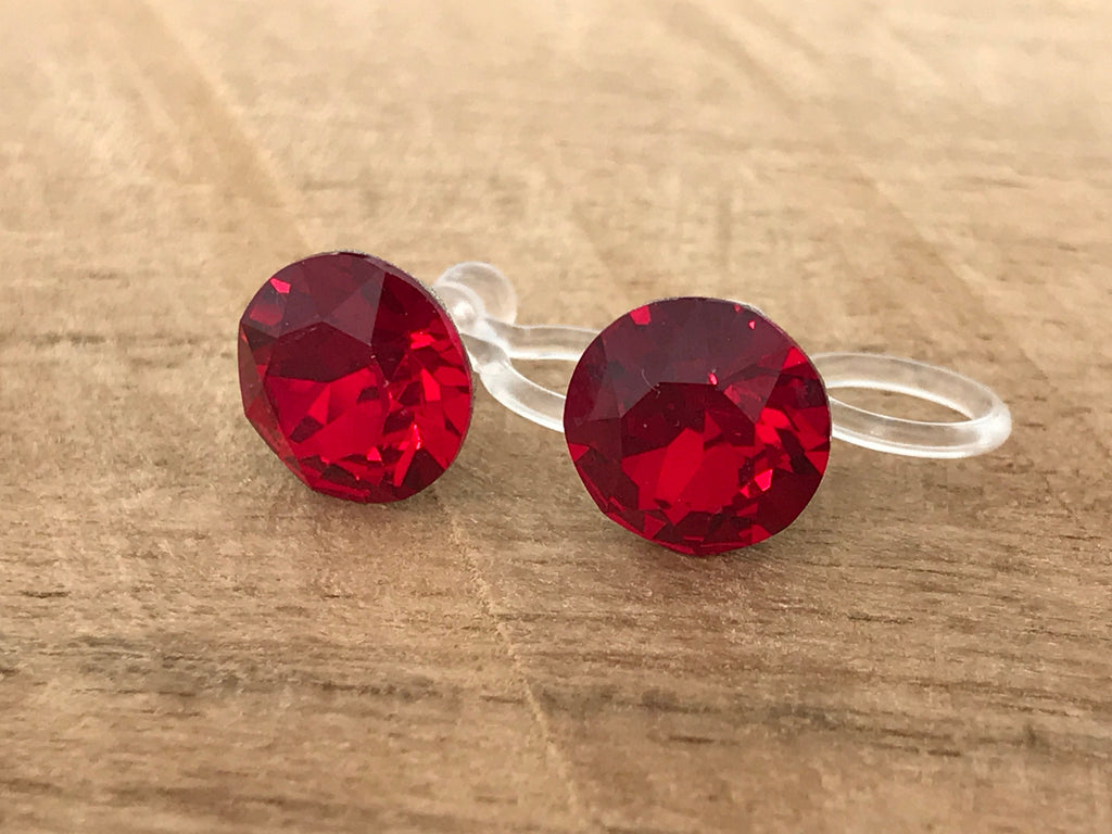 Invisible Round Crystal CLIPS Earrings SIAM PureCristal Crystals, Small Round Red Crystal Ear Clips, Minimalist Jewelry.