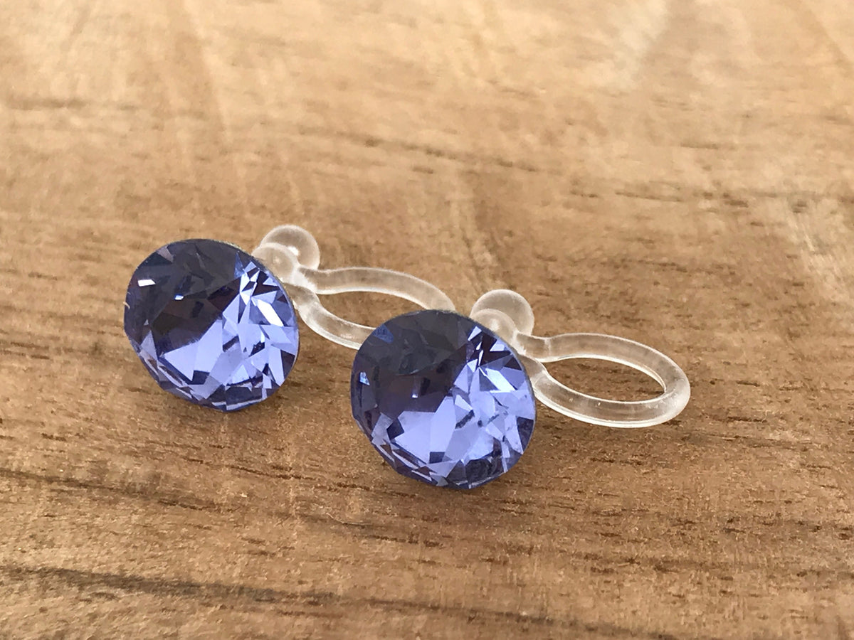 Swarovski Crystal TANZANITE Invisible Clip on Earrings Modern Purple Rhinestone Clip on Stud Earrings Simple Non Pierced Earrings