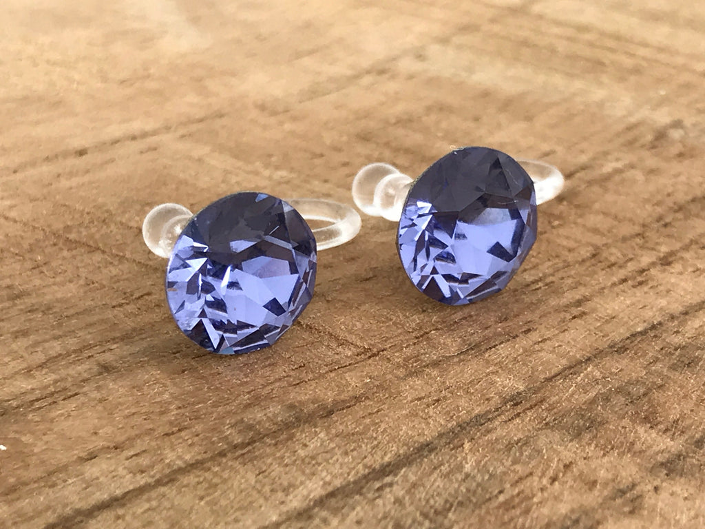 Swarovski Crystal TANZANITE Invisible Clip on Earrings Modern Purple Rhinestone Clip on Stud Earrings Simple Non Pierced Earrings
