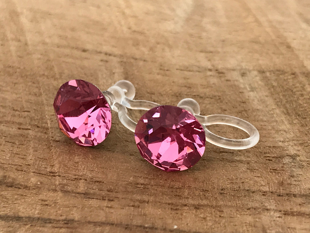 Boucles d'oreilles CLIPS invisible Cristal Rond ROSE Cristaux PureCristal, Clips d'Oreille Petit Rond cristal Rose, Bijoux Minimaliste.