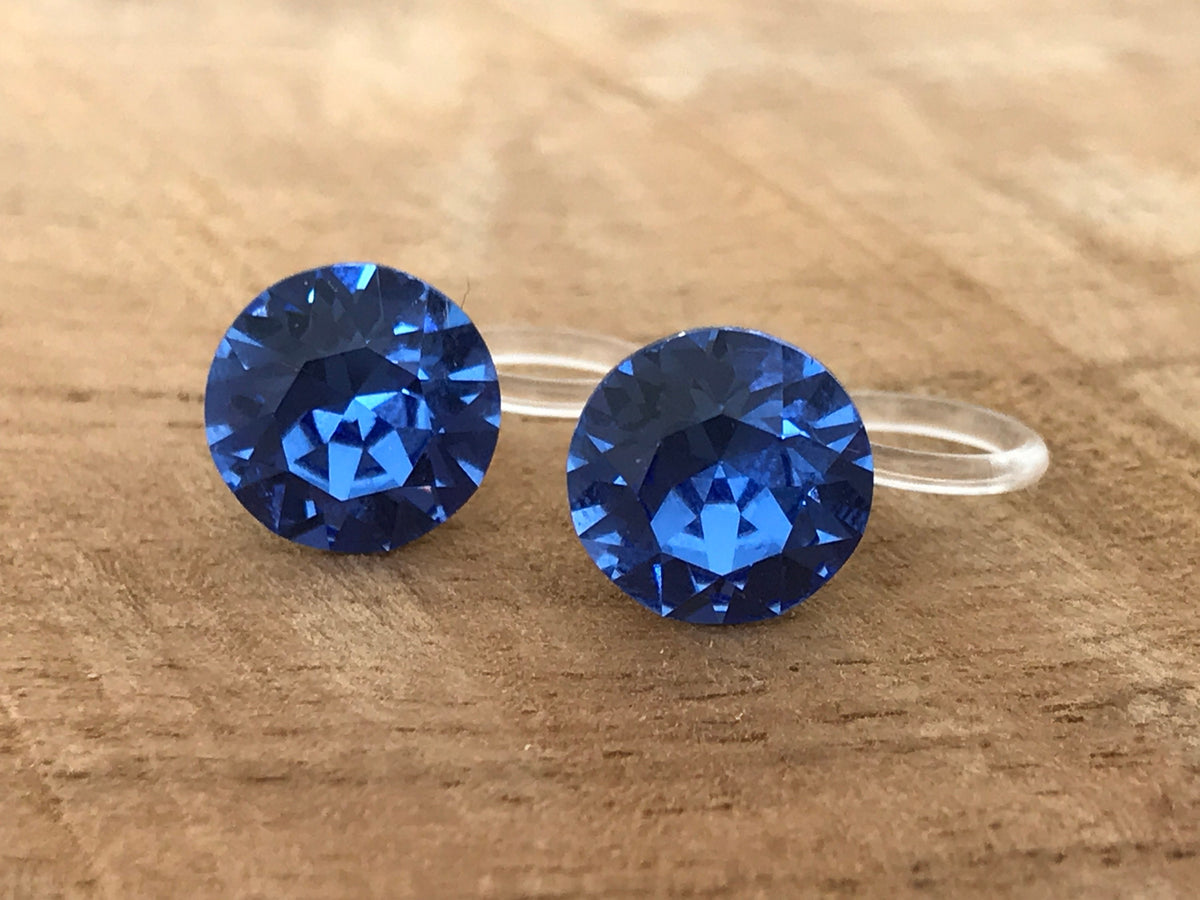 Boucles d'oreilles CLIPS invisible Cristal Rond SAPPHIR Cristaux PureCristal, Clips d'Oreille Petit Rond cristal Bleu, Bijoux Minimaliste.