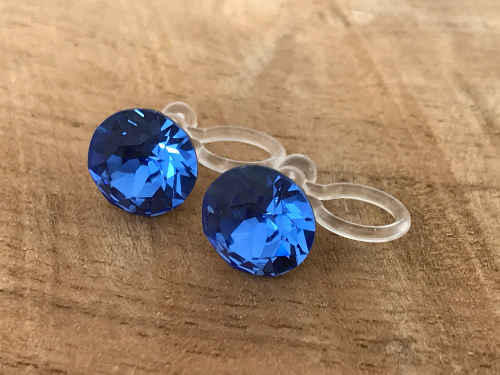 Boucles d'oreilles CLIPS invisible Cristal Rond SAPPHIR Cristaux PureCristal, Clips d'Oreille Petit Rond cristal Bleu, Bijoux Minimaliste.