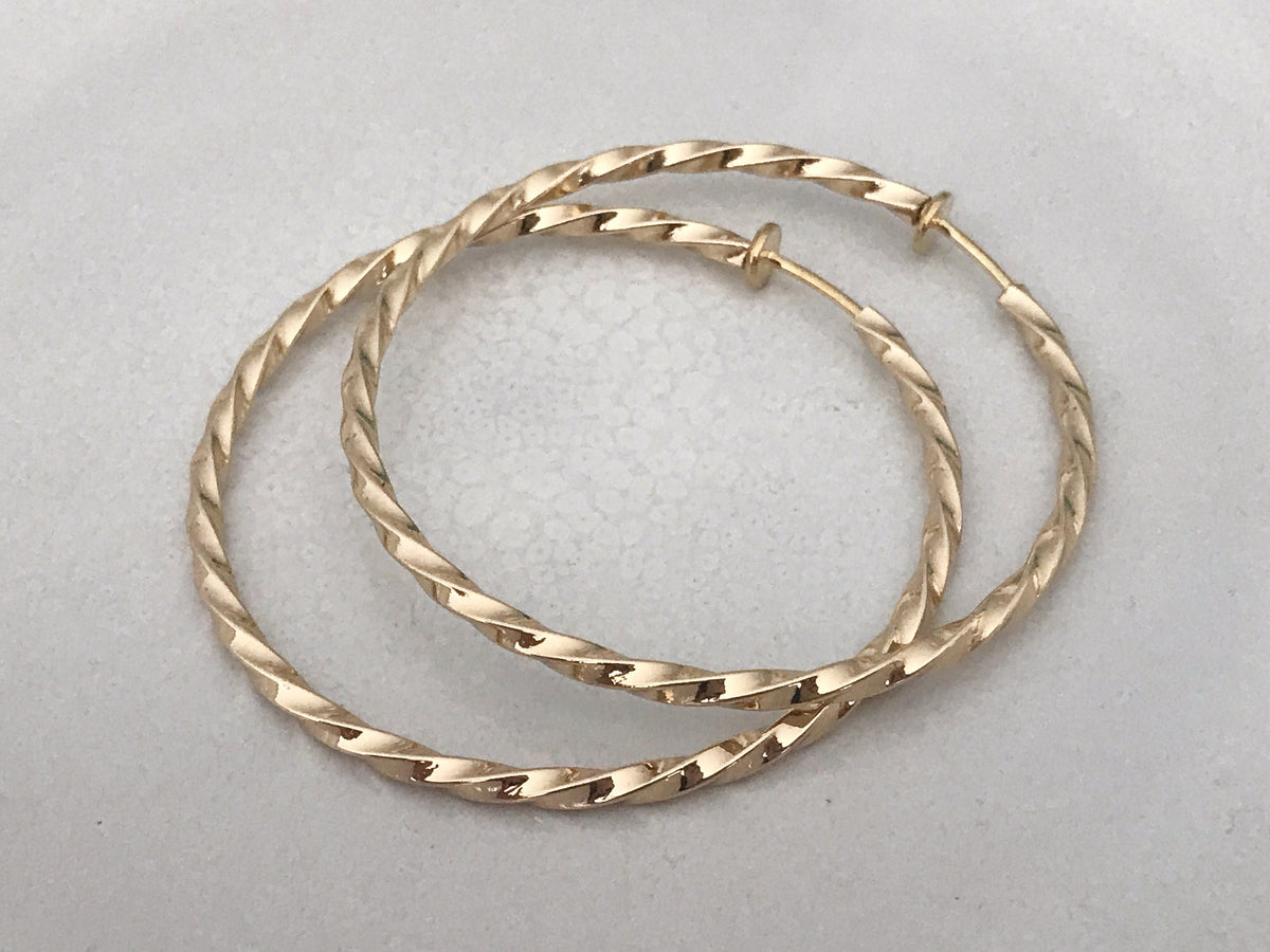50mm Créoles Torsadés Anneaux Vrillés, fil carré, Boucles d'oreille CLIPS Anneaux Créoles couleur Argenté ou doré, Créoles torsadé 5cm
