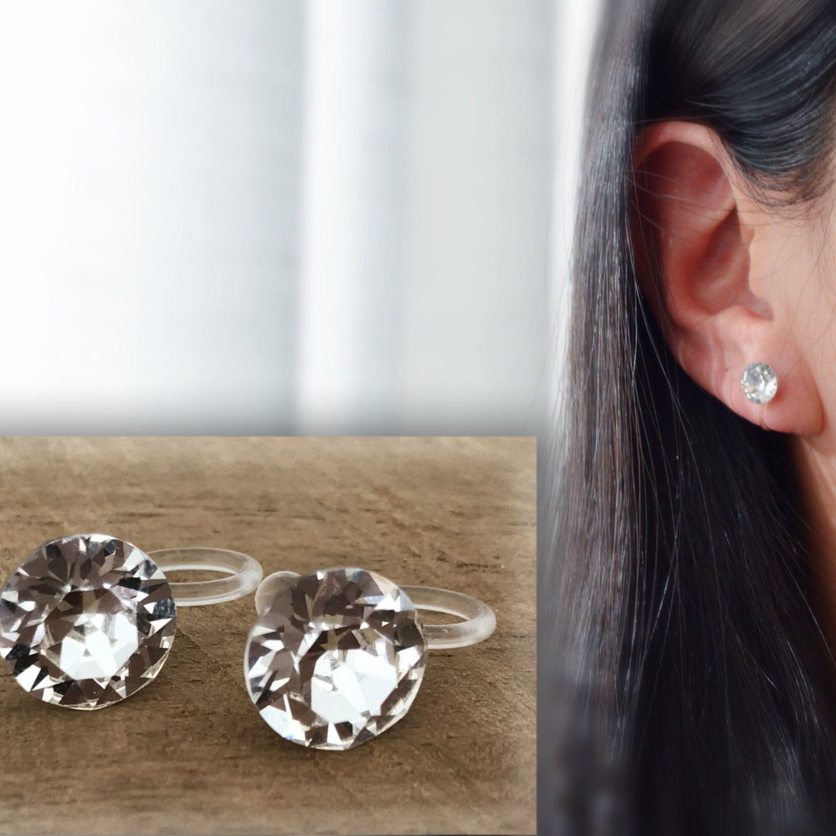 Boucles d'oreilles CLIPS invisible Cristal Rond Cristaux PureCristal, Clips d'Oreille Petit Rond cristal transparent, Bijoux Minimaliste.