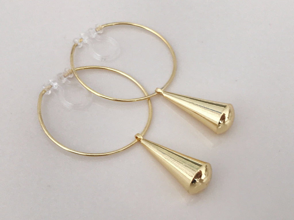 Clips d'oreilles Grande Cercle Créole très fin Perle Goutte d'eau couleur Or Boucles d'oreilles Clips Invisibles Moderne Anneaux 30mm.
