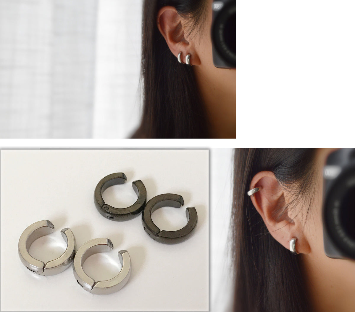 Boucles d'oreille CLIPS Pince Anneaux couleur Argent, Noir, Or, Bleu pour oreilles non percées. Bijoux quotidien