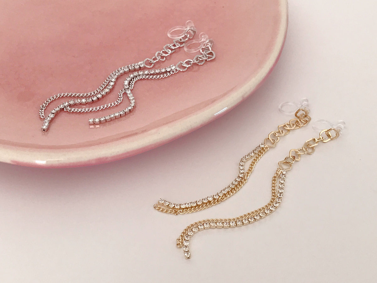 Longues Boucles d'oreilles Clips INVISIBLES, Chaine losange, Strass, Clips d'oreilles longue Chaîne Doré / Argenté.