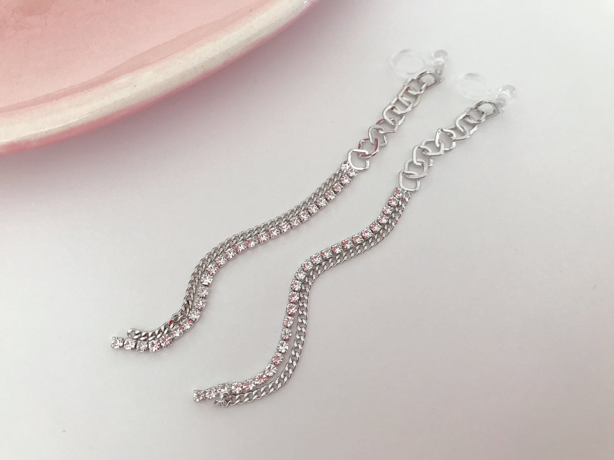Longues Boucles d'oreilles Clips INVISIBLES, Chaine losange, Strass, Clips d'oreilles longue Chaîne Doré / Argenté.