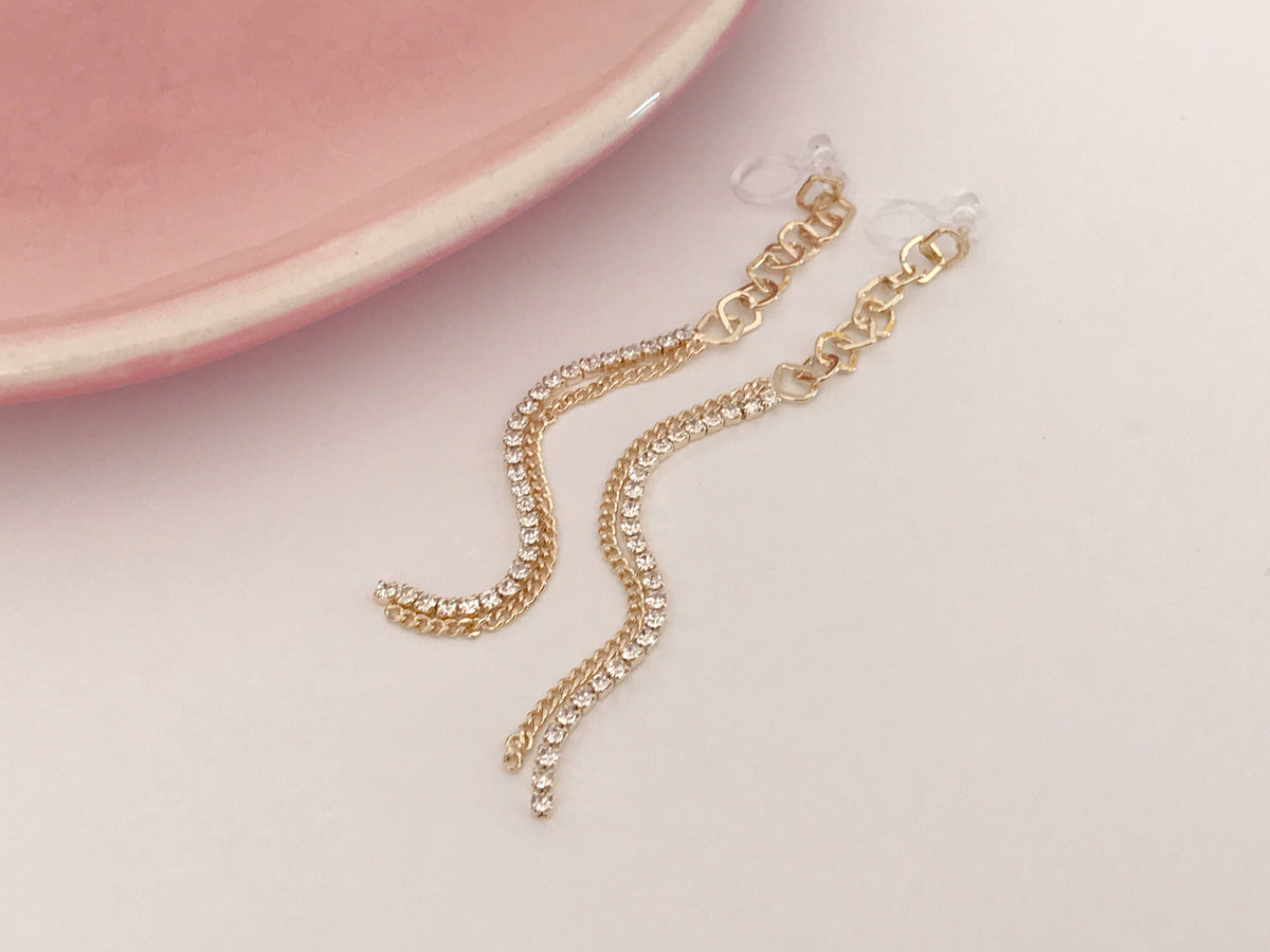 Longues Boucles d'oreilles Clips INVISIBLES, Chaine losange, Strass, Clips d'oreilles longue Chaîne Doré / Argenté.
