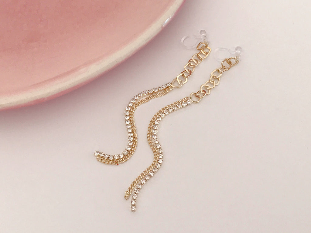 Longues Boucles d'oreilles Clips INVISIBLES, Chaine losange, Strass, Clips d'oreilles longue Chaîne Doré / Argenté.