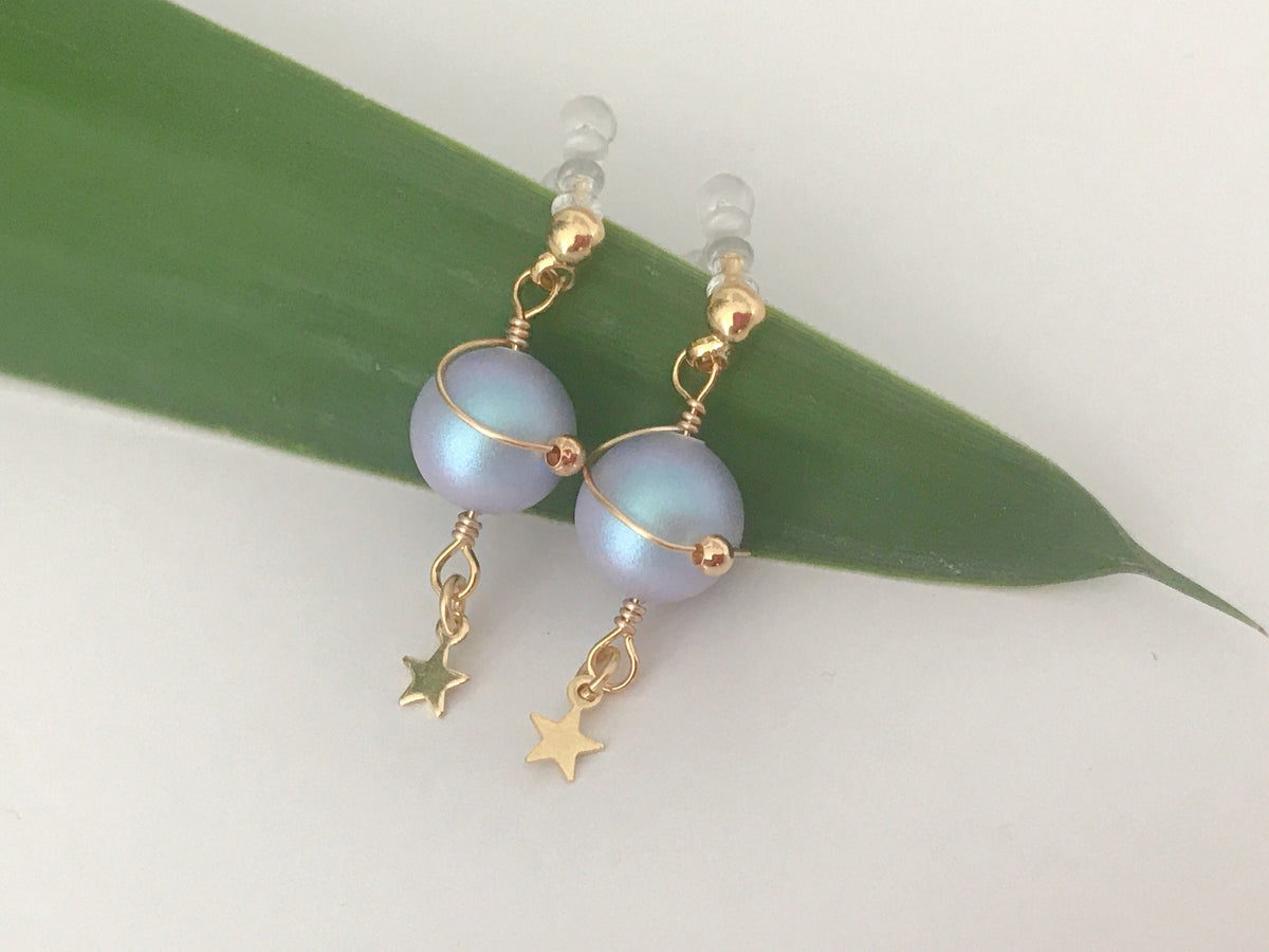 Mini star ear clips, Blue planet. CLIPS Invisible Blue Violet Beads, delicate comfortable daily