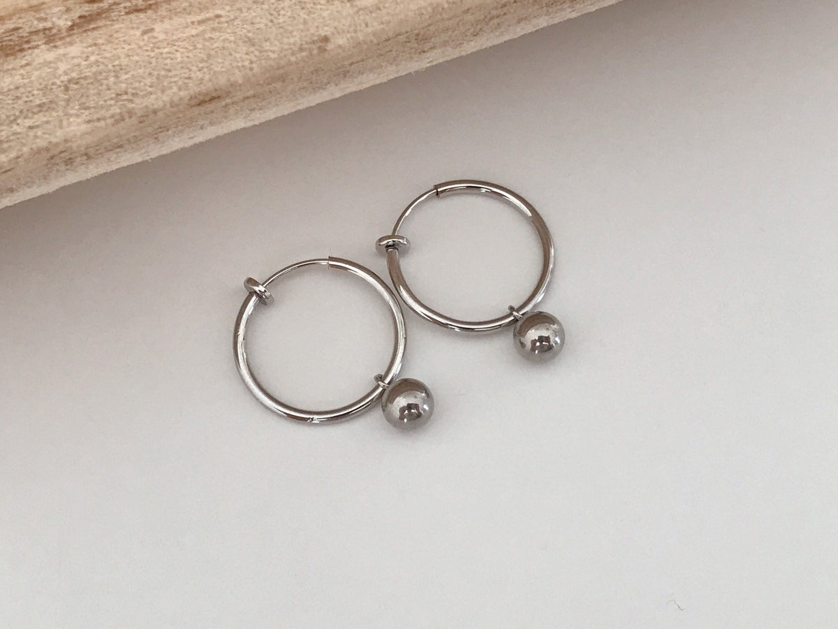 2 IN 1, 20mm Clip Hoops with mini pearl. Ear clips Silver rings CLIPS Invisible comfortable.