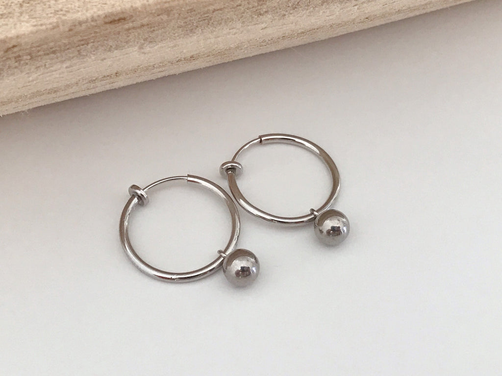 2 IN 1, 20mm Clip Hoops with mini pearl. Ear clips Silver rings CLIPS Invisible comfortable.