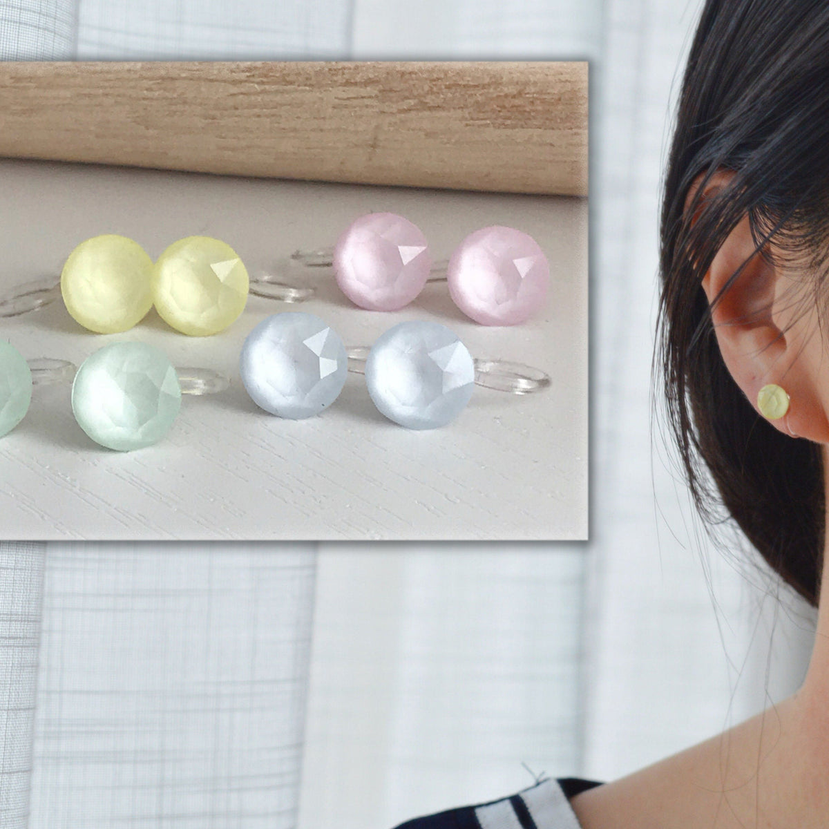 Minimalist invisible ear clips. PureCristal Crystals, Small Round Color Cream pink/ Cream green/ Cream blue/ Cream yellow. Crystal