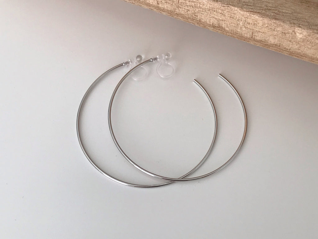 Large fine hoops. INVISIBLE Clip Earrings, Silver / Gold Hoops. Comfortable ear clips.