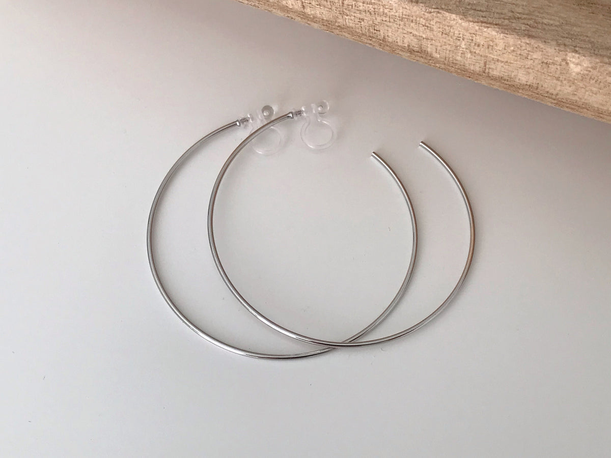 Large fine hoops. INVISIBLE Clip Earrings, Silver / Gold Hoops. Comfortable ear clips.