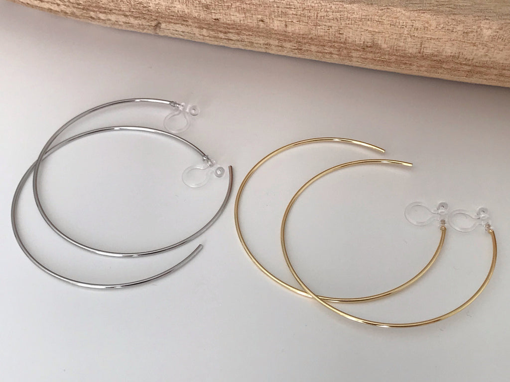 Large fine hoops. INVISIBLE Clip Earrings, Silver / Gold Hoops. Comfortable ear clips.