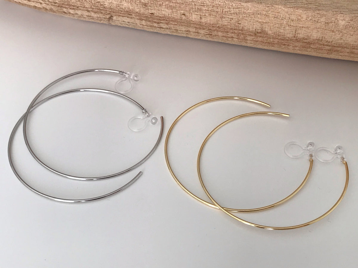 Large fine hoops. INVISIBLE Clip Earrings, Silver / Gold Hoops. Comfortable ear clips.