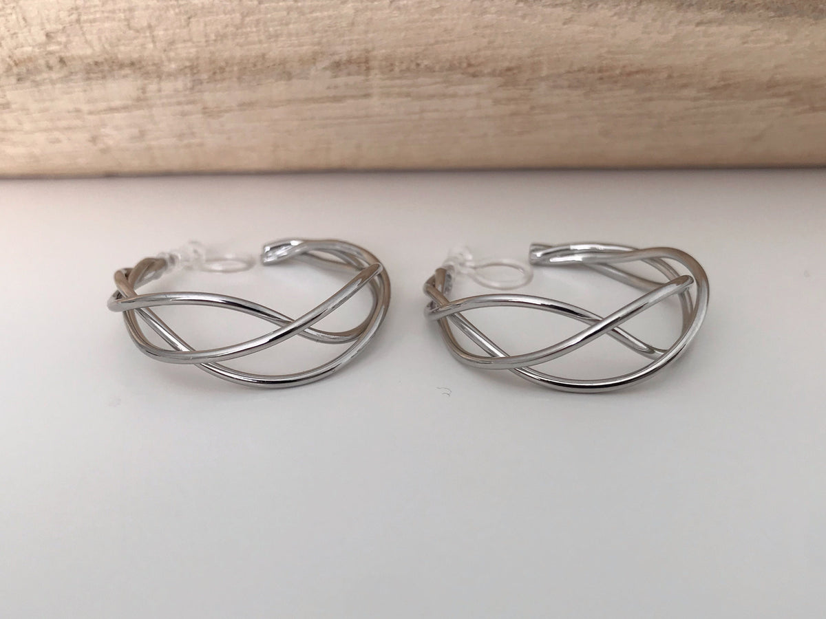 Anneaux Tricoté 30mm Clips Invisibles, Boucles d'oreille créole torsadé CLIPS couleur Or/ Argent oreilles non percées, Anneaux Créoles
