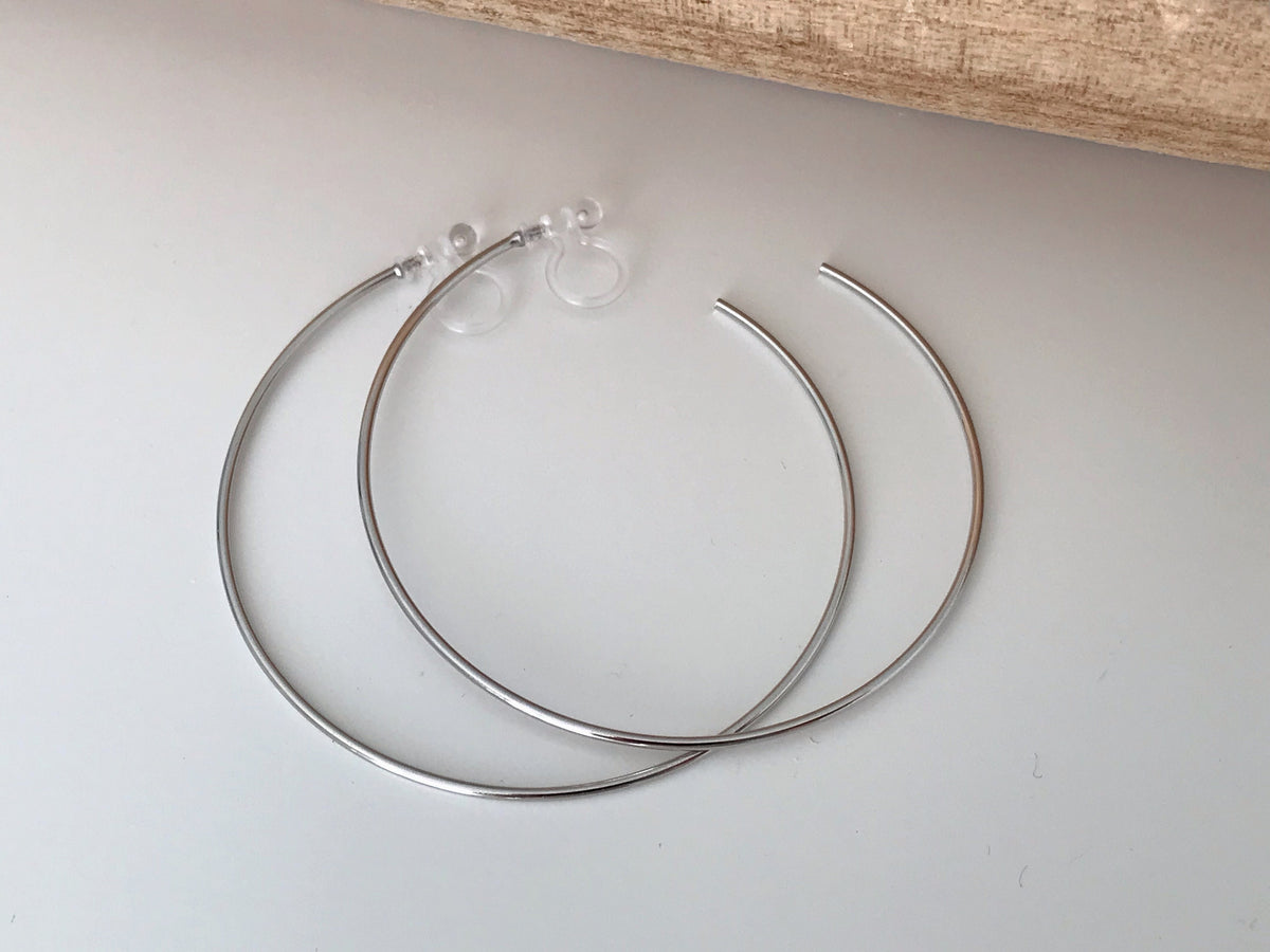 Large fine hoops. INVISIBLE Clip Earrings, Silver / Gold Hoops. Comfortable ear clips.