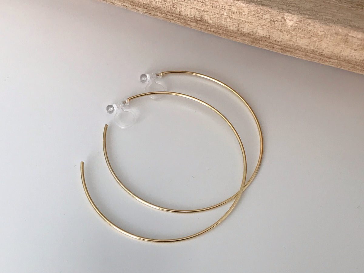 Large fine hoops. INVISIBLE Clip Earrings, Silver / Gold Hoops. Comfortable ear clips.