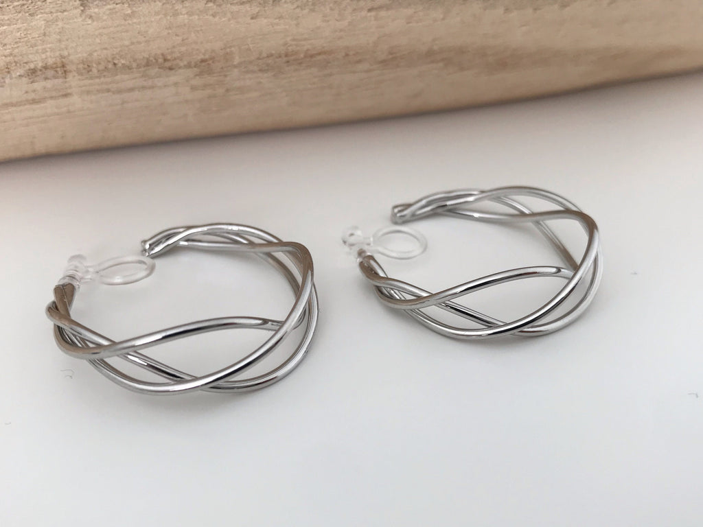 Anneaux Tricoté 30mm Clips Invisibles, Boucles d'oreille créole torsadé CLIPS couleur Or/ Argent oreilles non percées, Anneaux Créoles