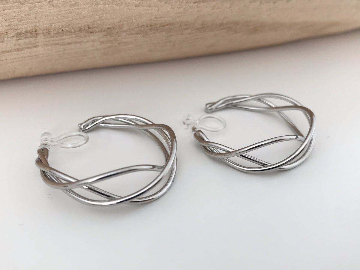 Anneaux Tricoté 30mm Clips Invisibles, Boucles d'oreille créole torsadé CLIPS couleur Or/ Argent oreilles non percées, Anneaux Créoles