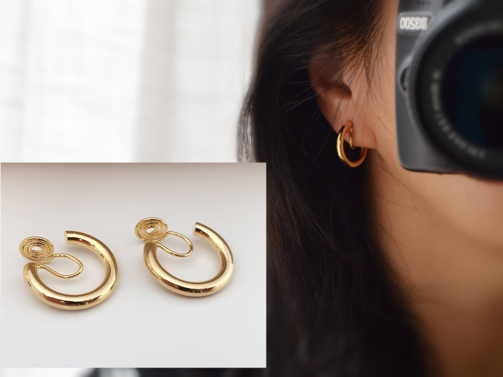 SANS DOULEUR ! Boucles d'oreilles CLIPS U spirale Cercle couleur Or / Argent. Clips d'oreilles confortable Boucles Délicates