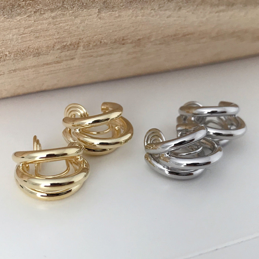 SANS DOULEUR ! Boucles d'oreilles CLIPS U spirale Triple cercles couleur Or / Argent. Clips d'oreilles confortable Boucles Délicates