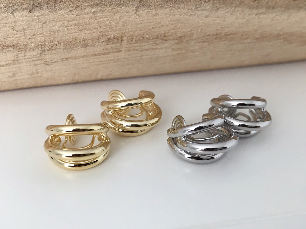 SANS DOULEUR ! Boucles d'oreilles CLIPS U spirale Triple cercles couleur Or / Argent. Clips d'oreilles confortable Boucles Délicates