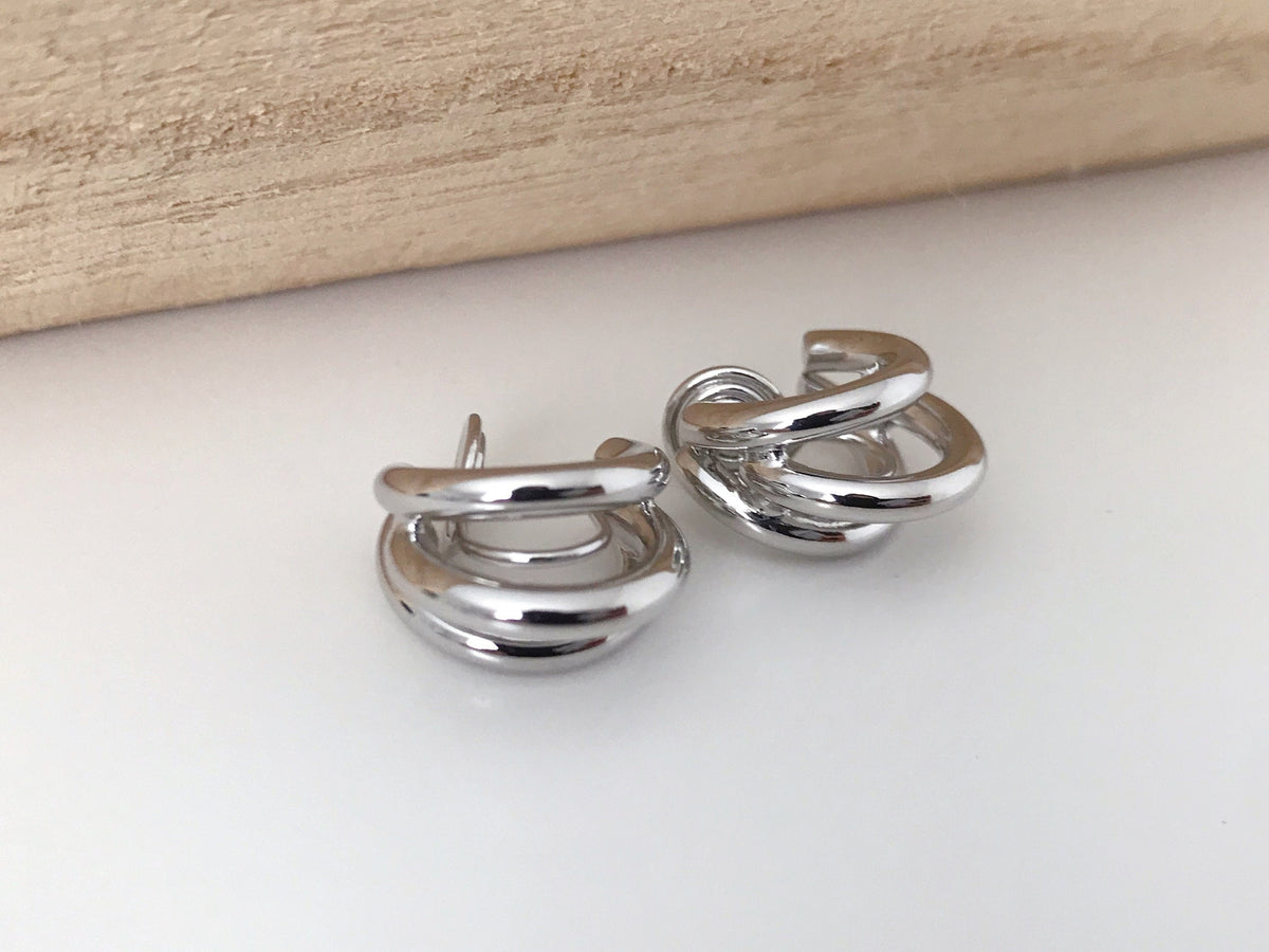 SANS DOULEUR ! Boucles d'oreilles CLIPS U spirale Triple cercles couleur Or / Argent. Clips d'oreilles confortable Boucles Délicates