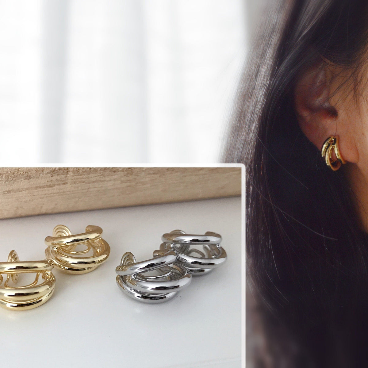 SANS DOULEUR ! Boucles d'oreilles CLIPS U spirale Triple cercles couleur Or / Argent. Clips d'oreilles confortable Boucles Délicates