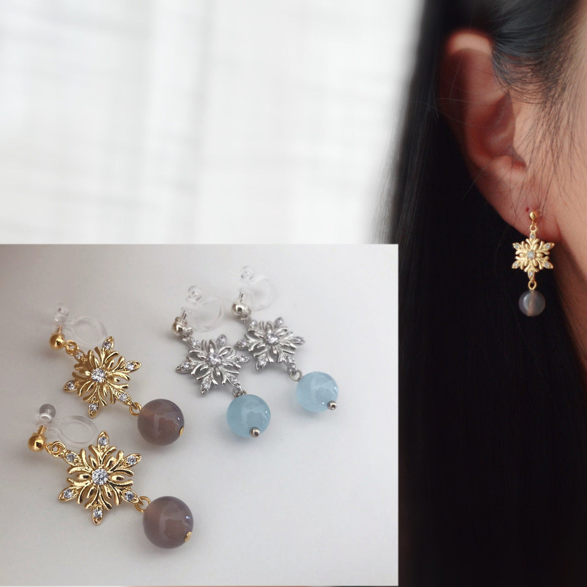 Flocon De Neige strass. Clips d'oreilles invisible couleur Or/ Argent. Perle agate grise /Calcédoine bleue. Bijoux Délicates.
