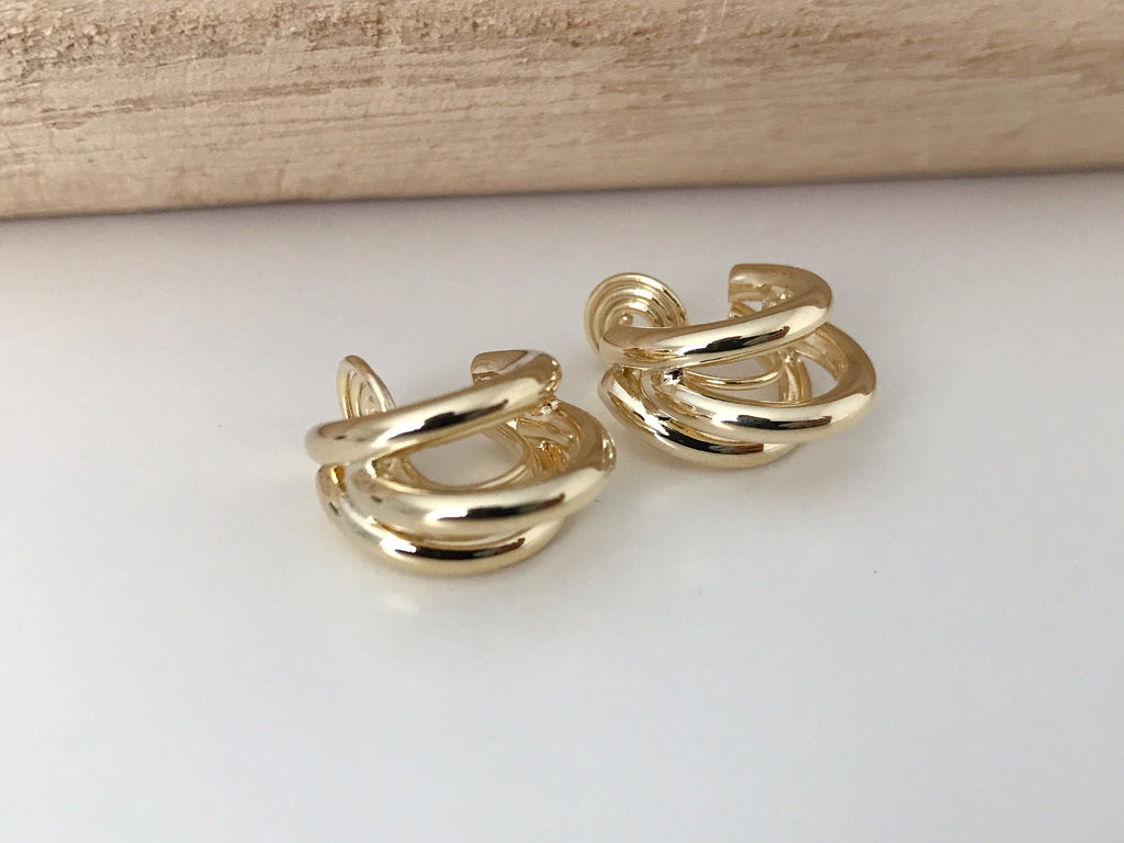 SANS DOULEUR ! Boucles d'oreilles CLIPS U spirale Triple cercles couleur Or / Argent. Clips d'oreilles confortable Boucles Délicates