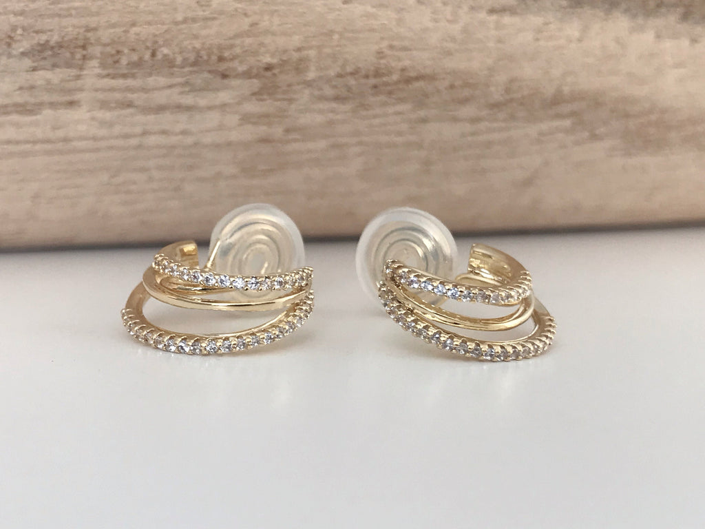 SANS DOULEUR ! Boucles d'oreilles CLIPS U spirale Triple cercles anneaux zircon. Clips d'oreilles confortable Délicates plaqué d'or 18K