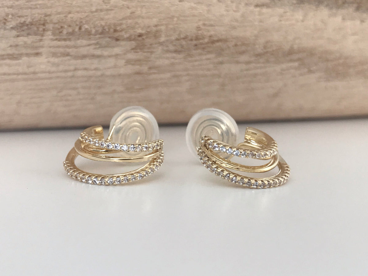 SANS DOULEUR ! Boucles d'oreilles CLIPS U spirale Triple cercles anneaux zircon. Clips d'oreilles confortable Délicates plaqué d'or 18K