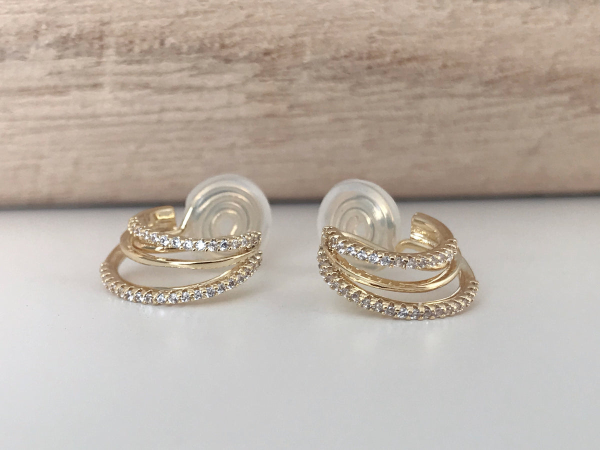 SANS DOULEUR ! Boucles d'oreilles CLIPS U spirale Triple cercles anneaux zircon. Clips d'oreilles confortable Délicates plaqué d'or 18K