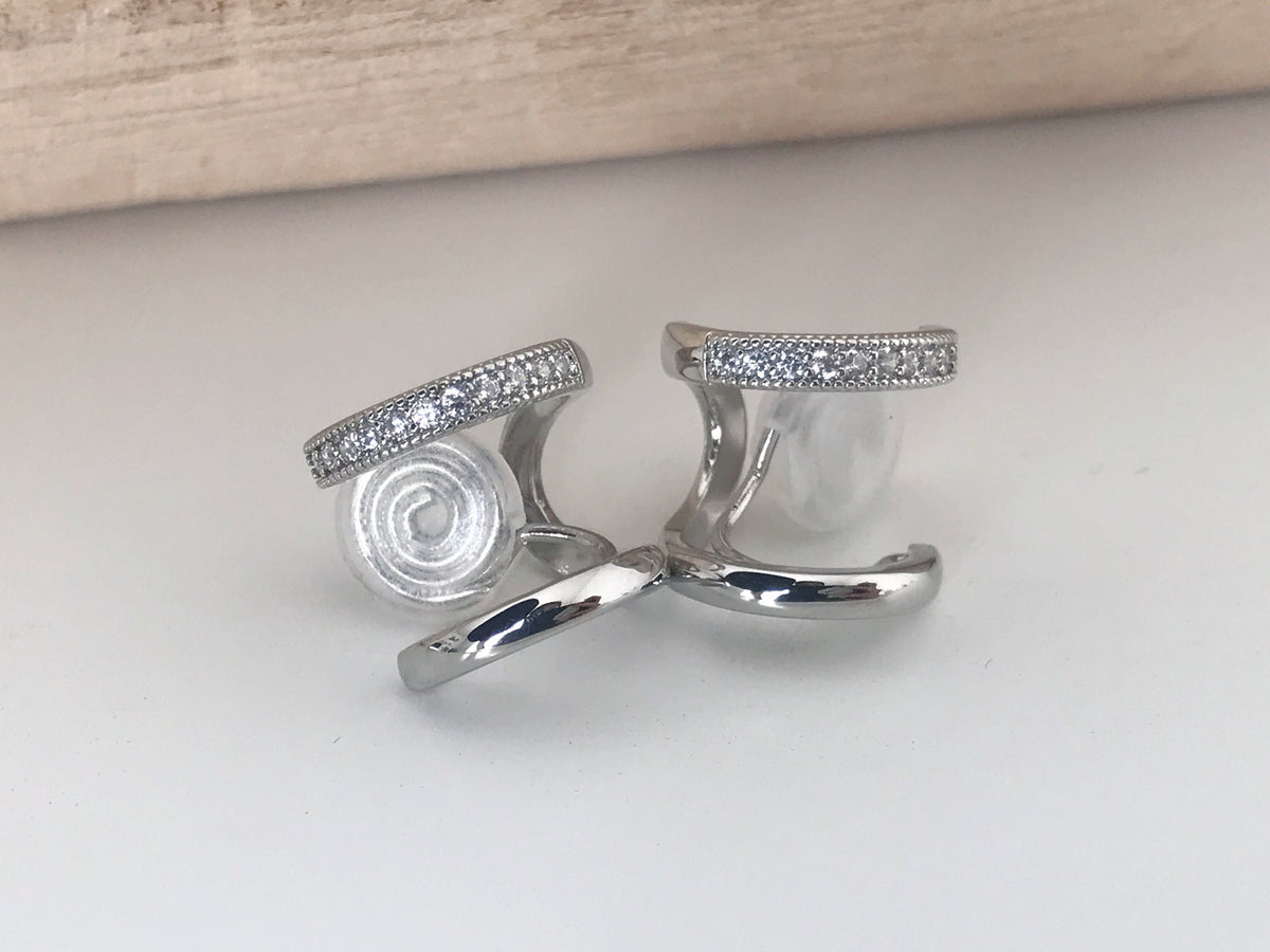 SANS DOULEUR ! Boucles d'oreilles CLIPS U spirale Double cercles Argenté mini pierre zircon. Clips d'oreilles confortable Boucles Délicates