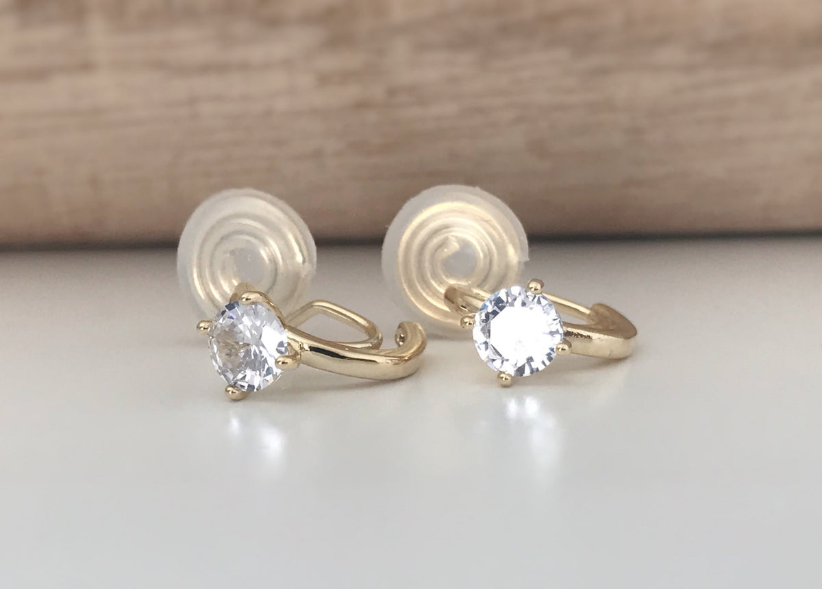 SANS DOULEUR ! Boucles d'oreilles CLIPS U spirale Demi-cercle Pierre Zircon Rond plaqué d'Or. Clips d'oreilles confortable Prêt à offrir