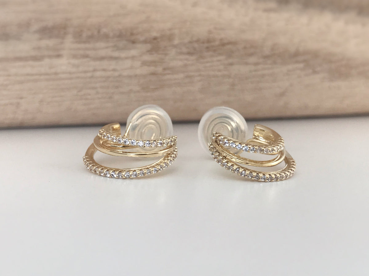 SANS DOULEUR ! Boucles d'oreilles CLIPS U spirale Triple cercles anneaux zircon. Clips d'oreilles confortable Délicates plaqué d'or 18K