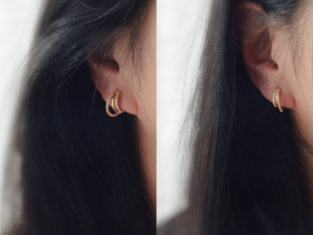 SANS DOULEUR ! Boucles d'oreilles CLIPS U spirale Triple cercles anneaux zircon. Clips d'oreilles confortable Délicates plaqué d'or 18K